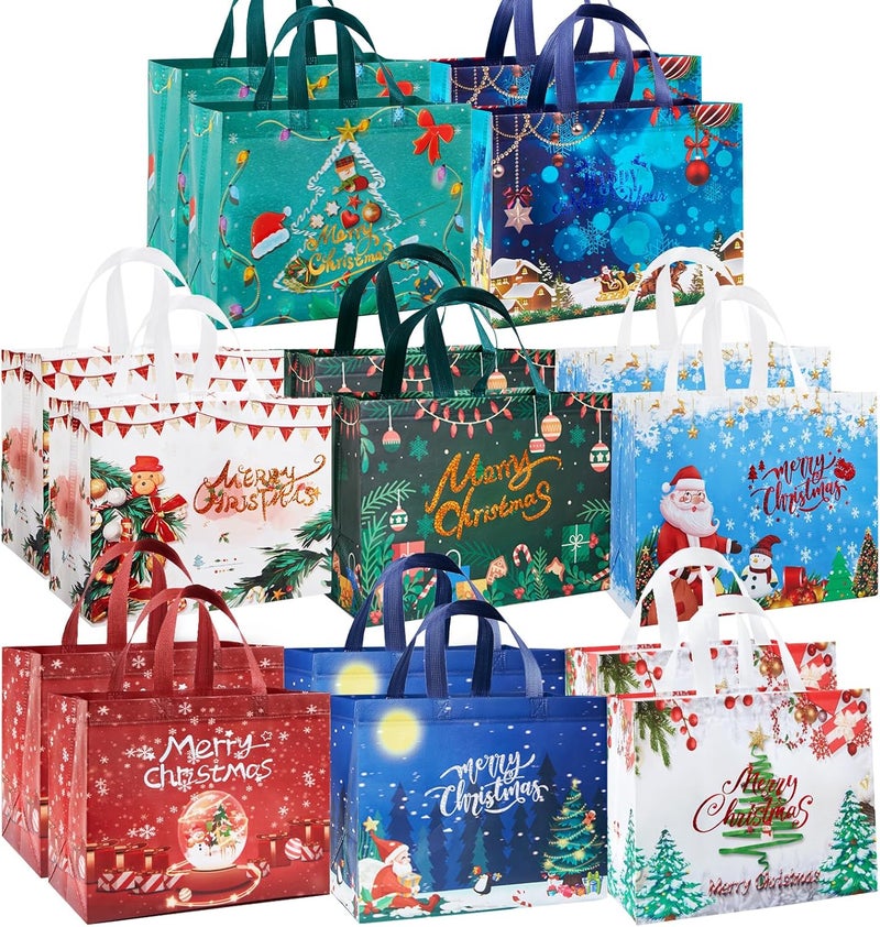 YANGTE 16 Pack Christmas Tote Bags with Handles, Non-Woven Gift Bags, 12.8" 9.8" 6.7 - Image 1